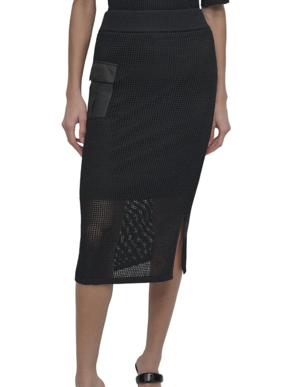 DKNY Black-Knit Sweater Midi Skirt with Side Flap Pocket